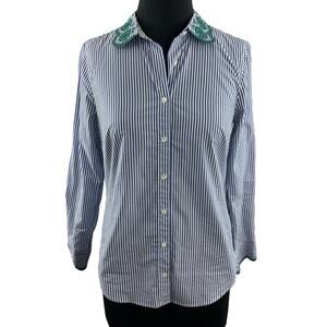 J.Crew Perfect Eyelet Trim Stripe Shirt Blue White Embroidered Button Down Sz 2